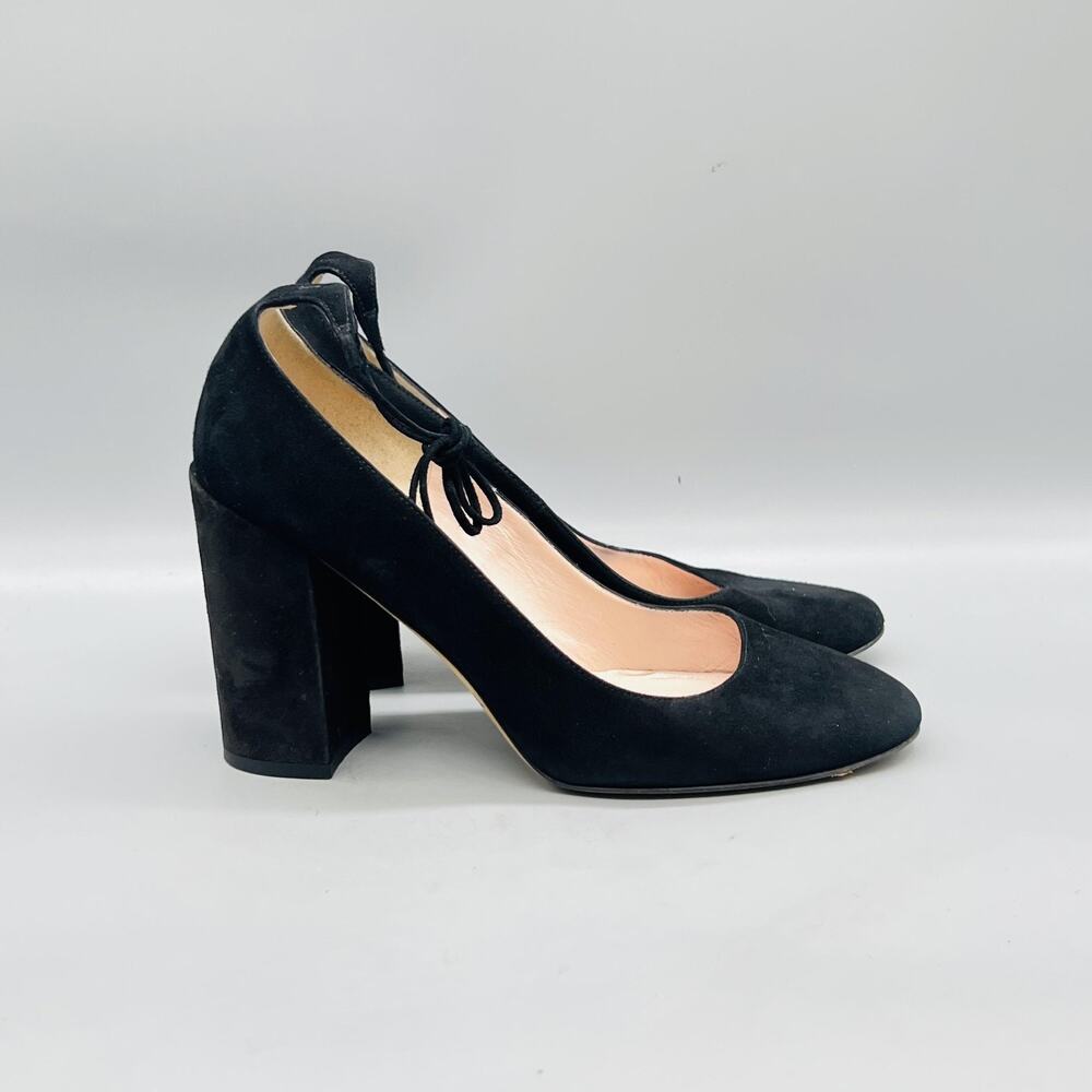 Kate Spade Shoes Womens 8 Black Suede Pearl Tie Strap Block Heel Pumps Italy - Picture 1 of 11